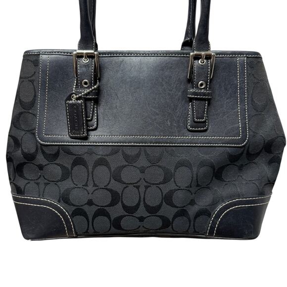 Coach Jacquard Hampton Tote Black Logo Y2K F11220 Fabric Leather Trim 2 Handles - Picture 3 of 13